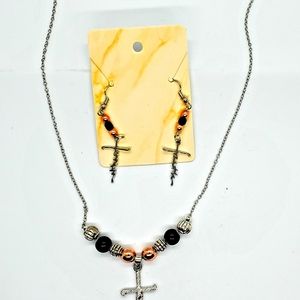 Womens Rose Quartz and Black Beaded Earring and Necklace Set